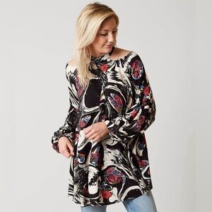 Free People Drift Away Black and White Tunic with Red Accents
